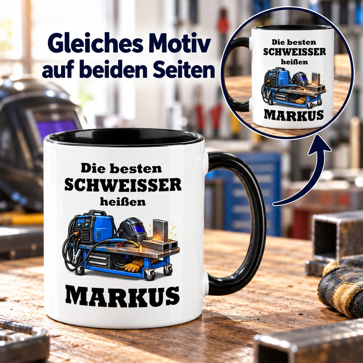 Schweißer-Tasse mit Detailansicht des identischen Motivdrucks auf beiden Seiten.