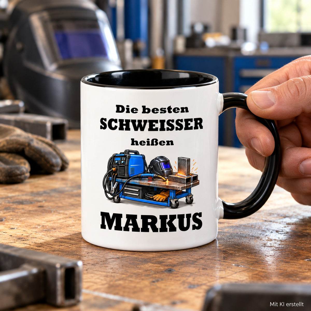 Personalisierte Schweißer-Tasse in Händen, mit schwarzer Innenseite und Hinweis auf das KI-erstellte Foto.