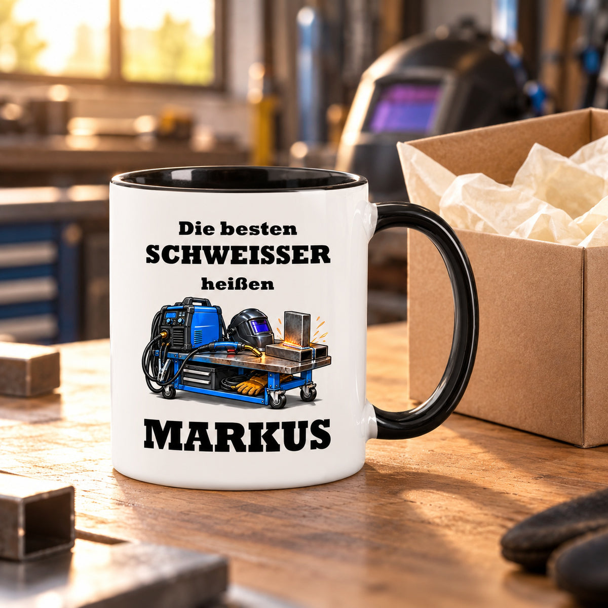 Schweißer-Tasse als Geschenkidee mit dekorativer Geschenkverpackung; die Verpackung ist nicht enthalten.