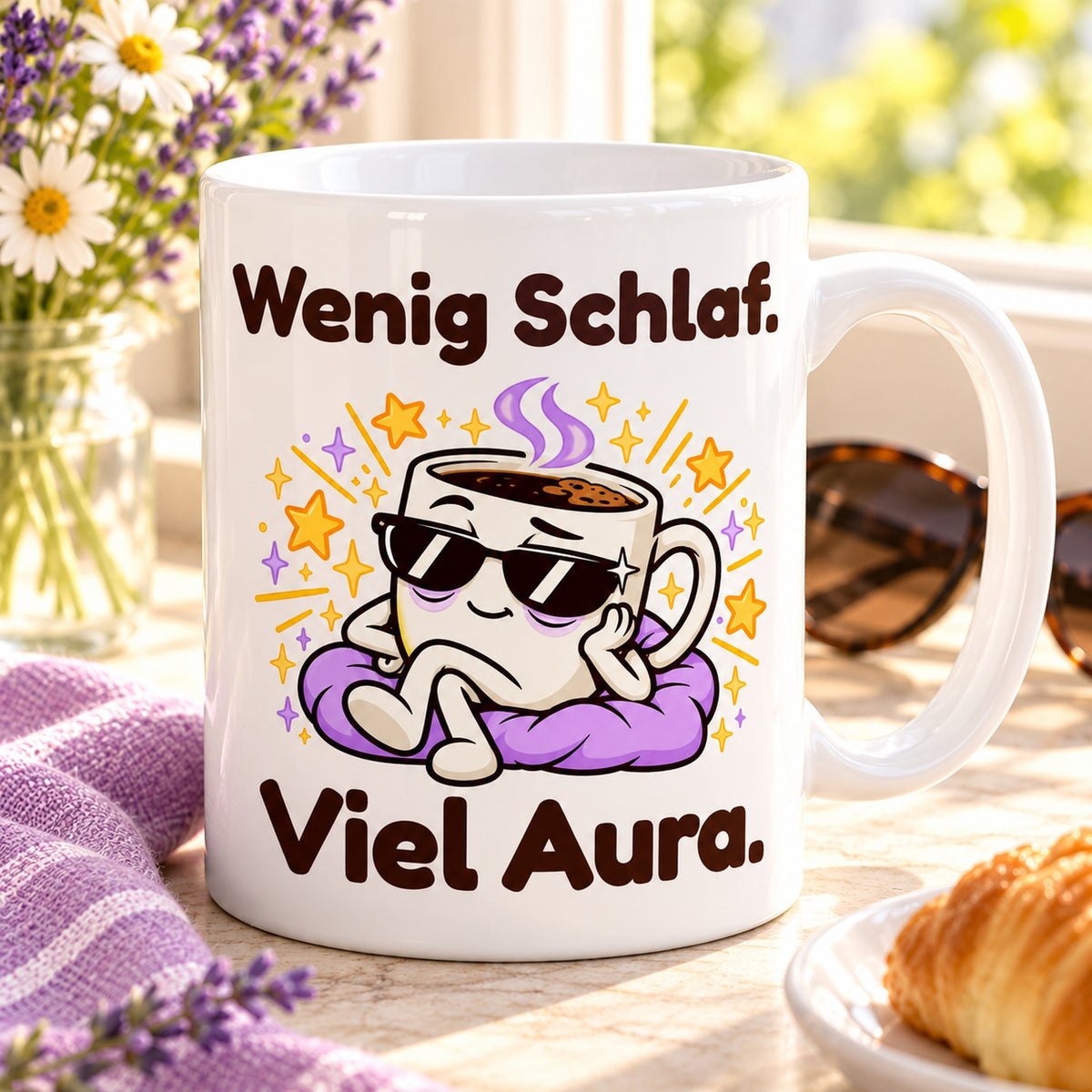 Tasse mit dem Spruch „Wenig Schlaf. Viel Aura.“ bei einer Kaffeepause auf einer sonnigen Fensterbank.