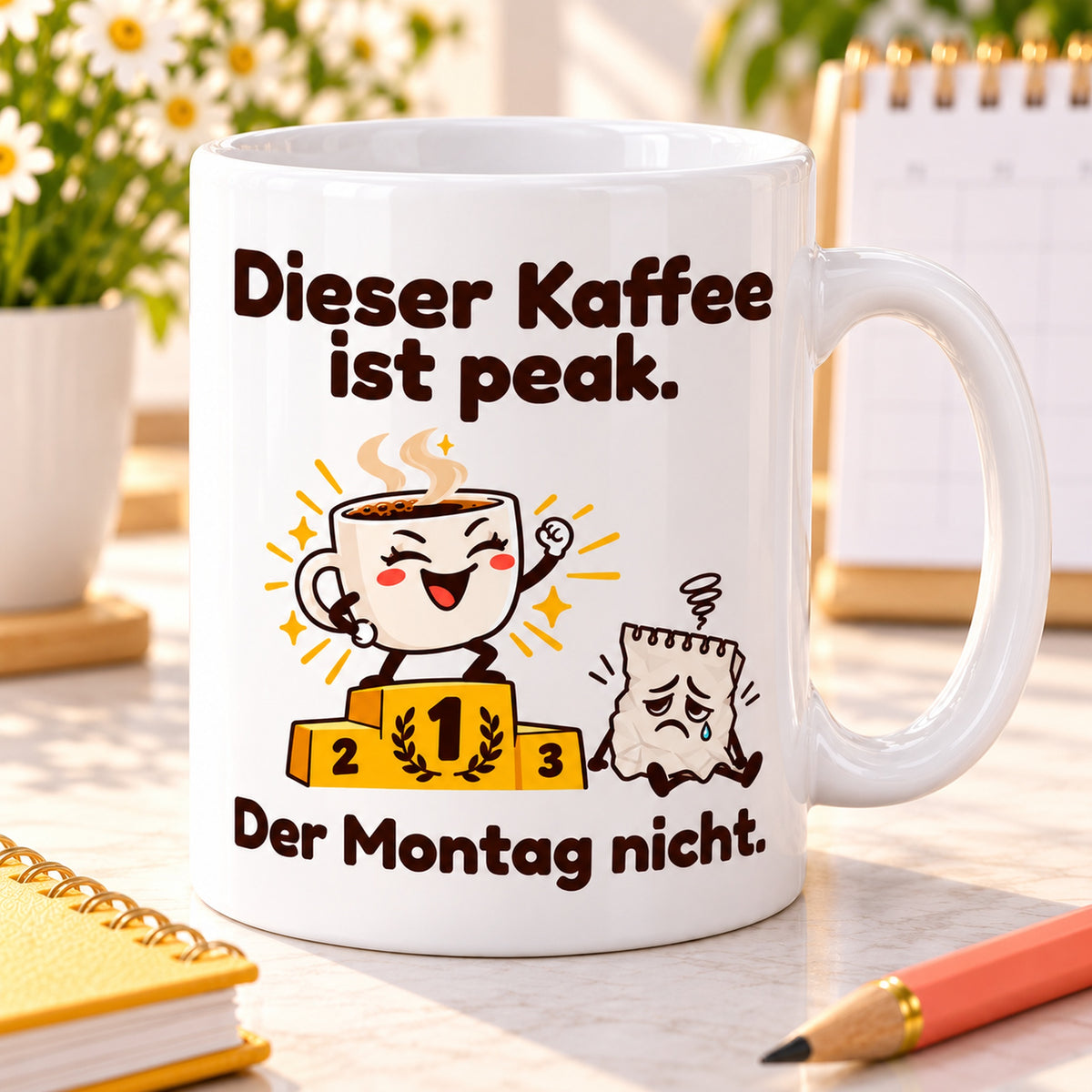 Nahaufnahme des farbigen Cartoonmotivs und des Spruchs „Dieser Kaffee ist peak. Der Montag nicht.“ auf weißer Keramik.