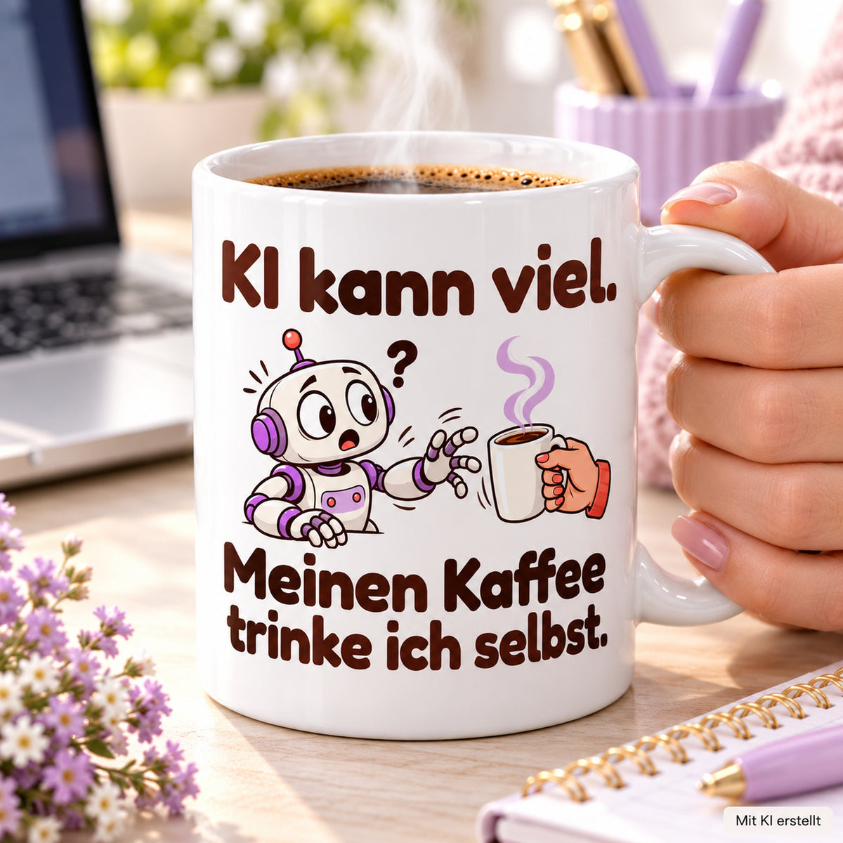 Erwachsene Hände halten die weiße 330-ml-Tasse „KI & Kaffee“ mit sichtbarem Spruch und Cartoonmotiv.