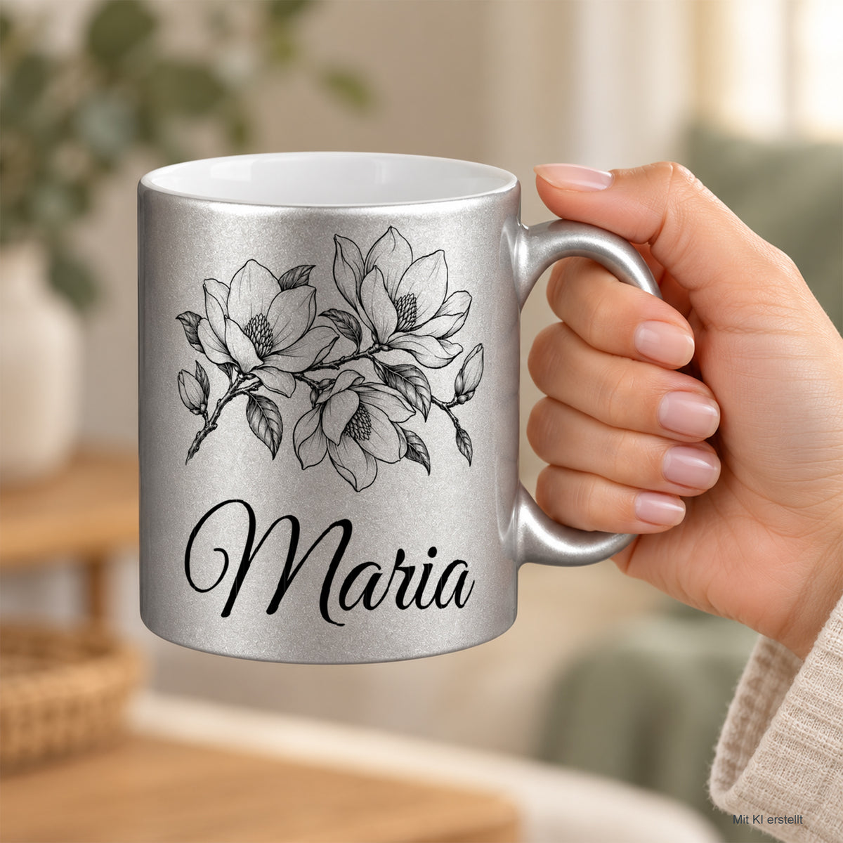Silberne Keramiktasse mit schwarzem Magnolienmotiv und Wunschnamen in einer Hand.