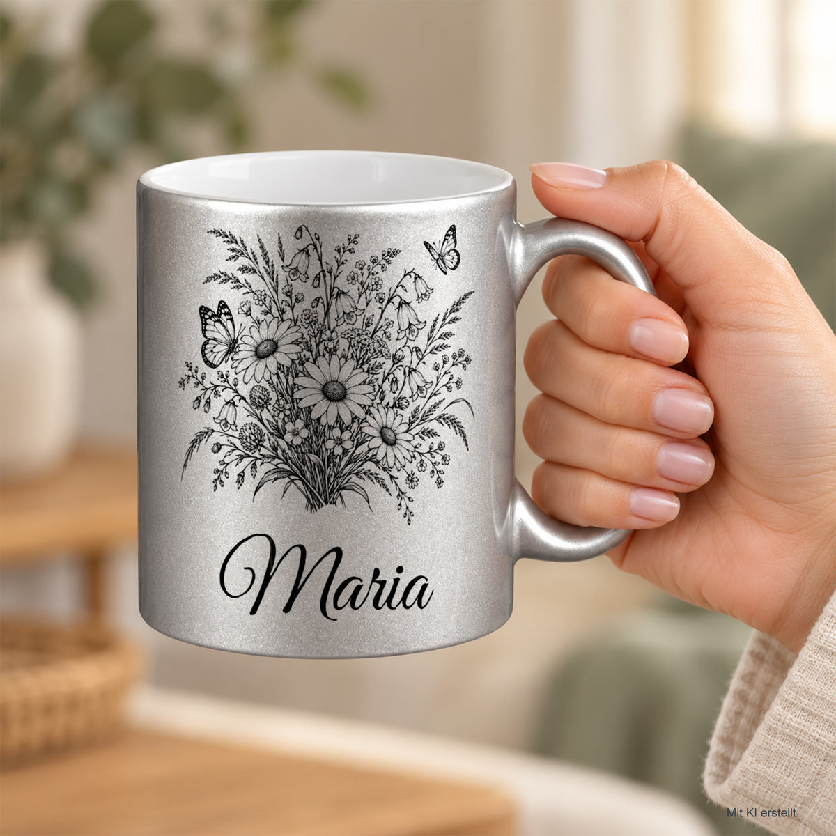 Silberne Keramiktasse mit schwarzem Schmetterlings- und Wiesenblumenmotiv und Wunschnamen in einer Hand.