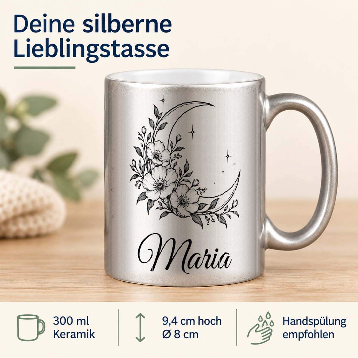 Silberne personalisierte Keramiktasse mit schwarzem Mond-Blumenmotiv und Angaben zu 300 ml, 9,4 cm Höhe, 8 cm Körperdurchmesser und empfohlener Handspülung.