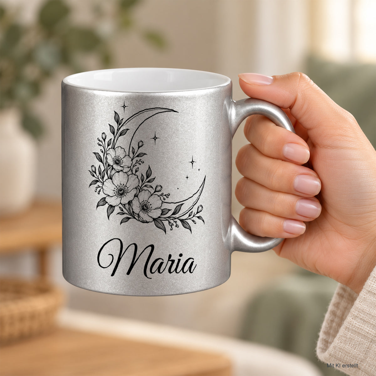 Silberne Keramiktasse mit schwarzem Mond-Blumenmotiv und Wunschnamen in einer Hand.