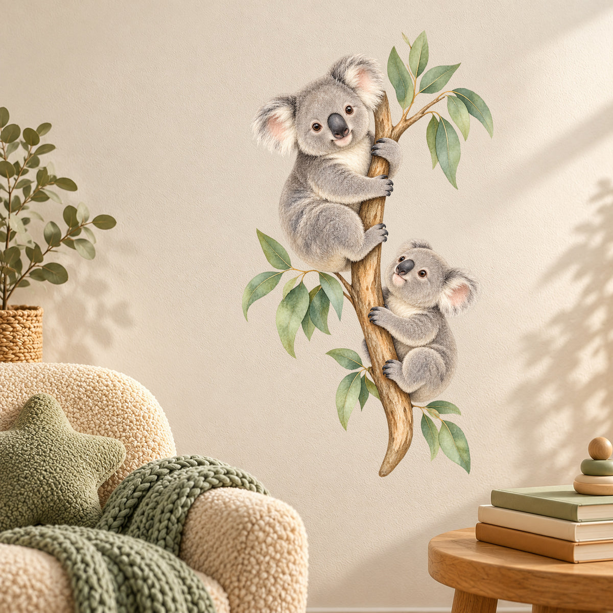 Koala-Wandtattoo Kletterfreunde an einer hellen Wand neben einem hellen Sessel mit grünem Kissen und einem runden Beistelltisch mit Büchern.
