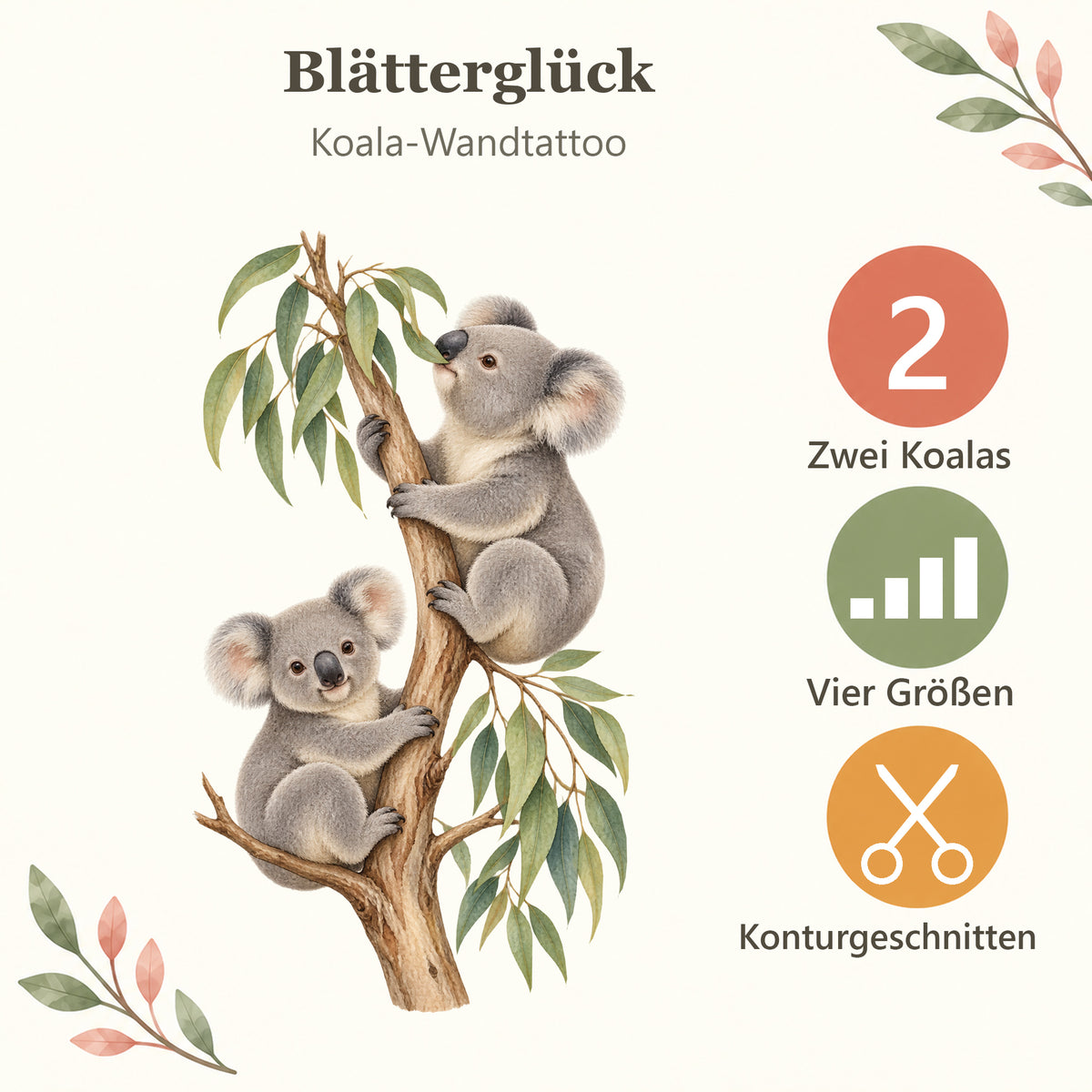 Koala-Wandtattoo Blätterglück mit den Eigenschaften: zwei Koalas, vier Größen, konturgeschnitten.
