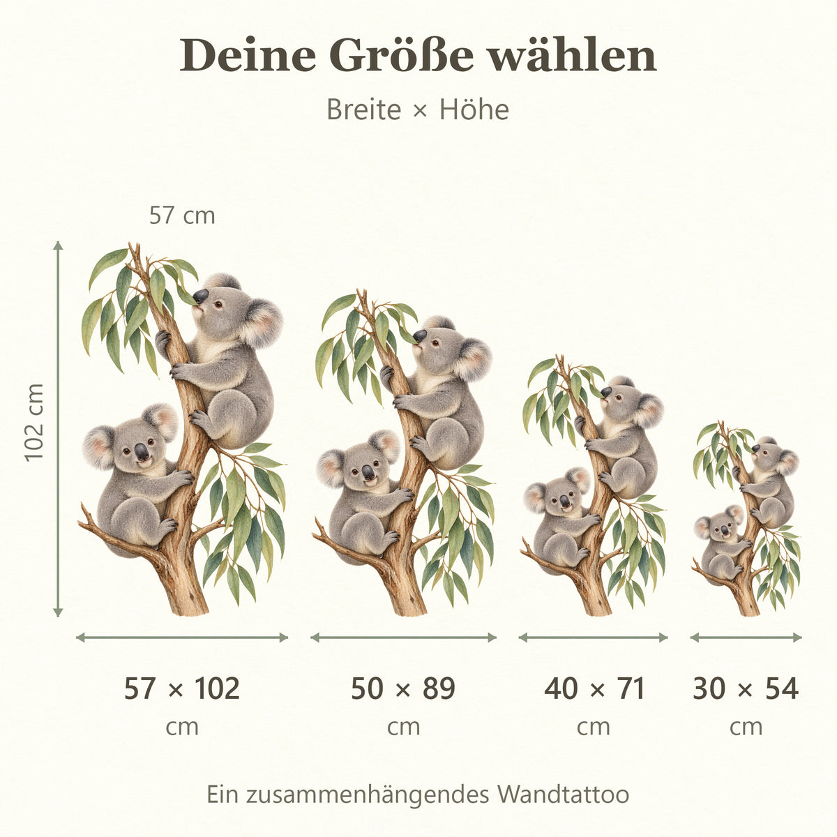 Größenvergleich für Blätterglück: 30 × 54 cm, 40 × 71 cm, 50 × 89 cm, 57 × 102 cm, jeweils Breite × Höhe. Ein zusammenhängendes Wandtattoo.