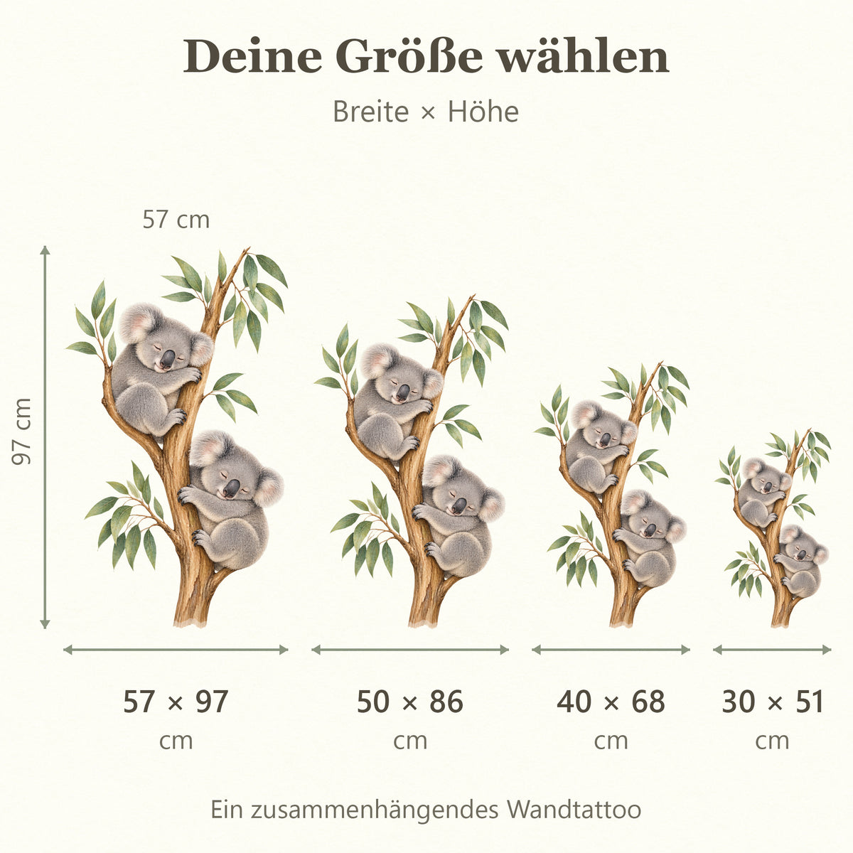Größenvergleich für Schlafenszeit: 30 × 51 cm, 40 × 68 cm, 50 × 86 cm, 57 × 97 cm, jeweils Breite × Höhe. Ein zusammenhängendes Wandtattoo.