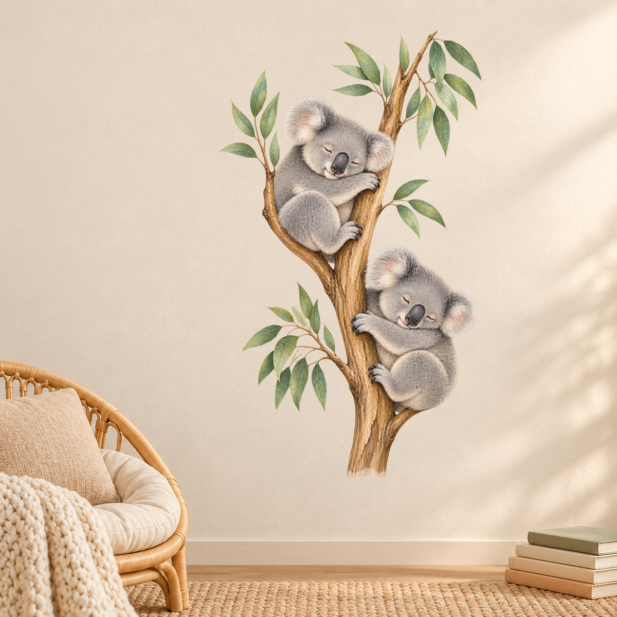 Koala-Wandtattoo Schlafenszeit an einer hellen Wand neben einem Sessel aus Geflecht und einem Bücherstapel.