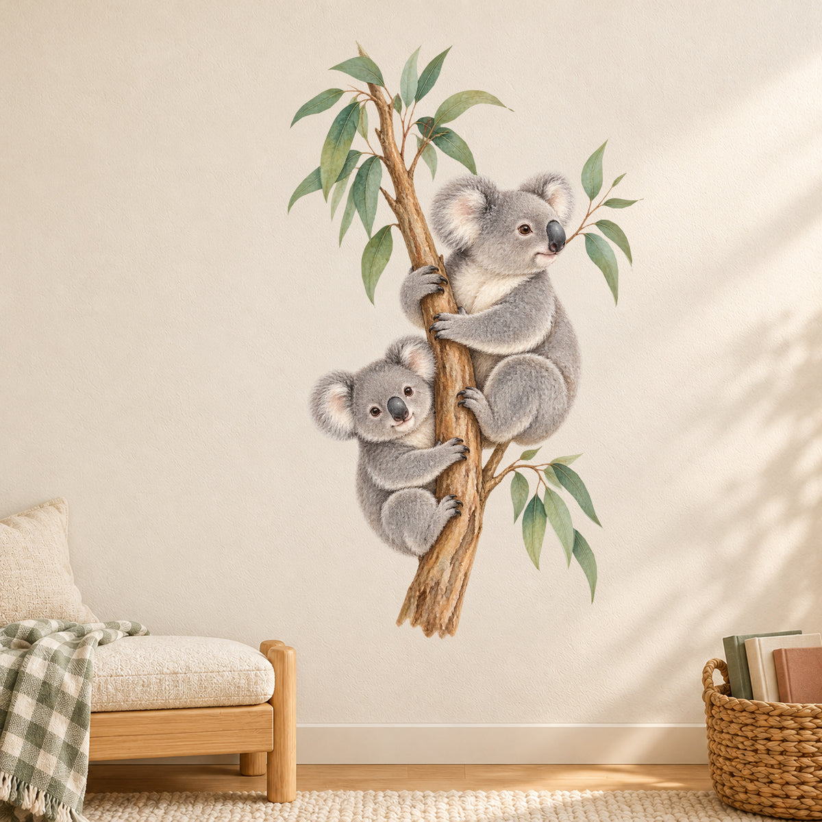 Koala-Wandtattoo Kleine Entdecker an einer hellen Wand neben einer gepolsterten Holzbank und einem geflochtenen Bücherkorb.