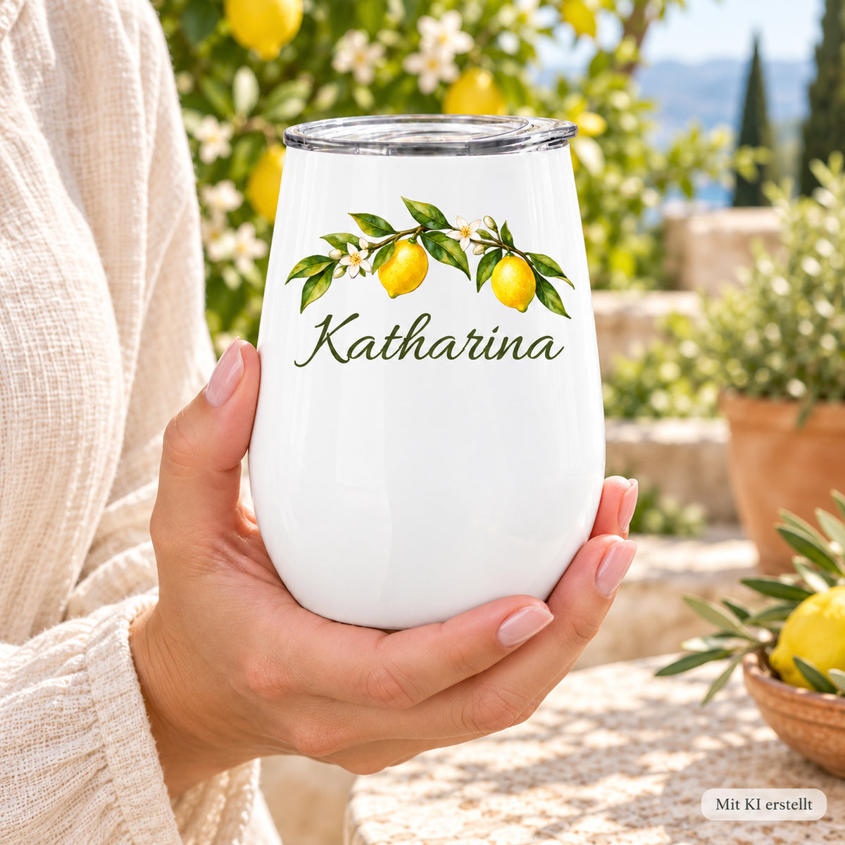 Weinbecher mit Zitronen und Wunschname in einer Hand; Hinweis „Mit KI erstellt“