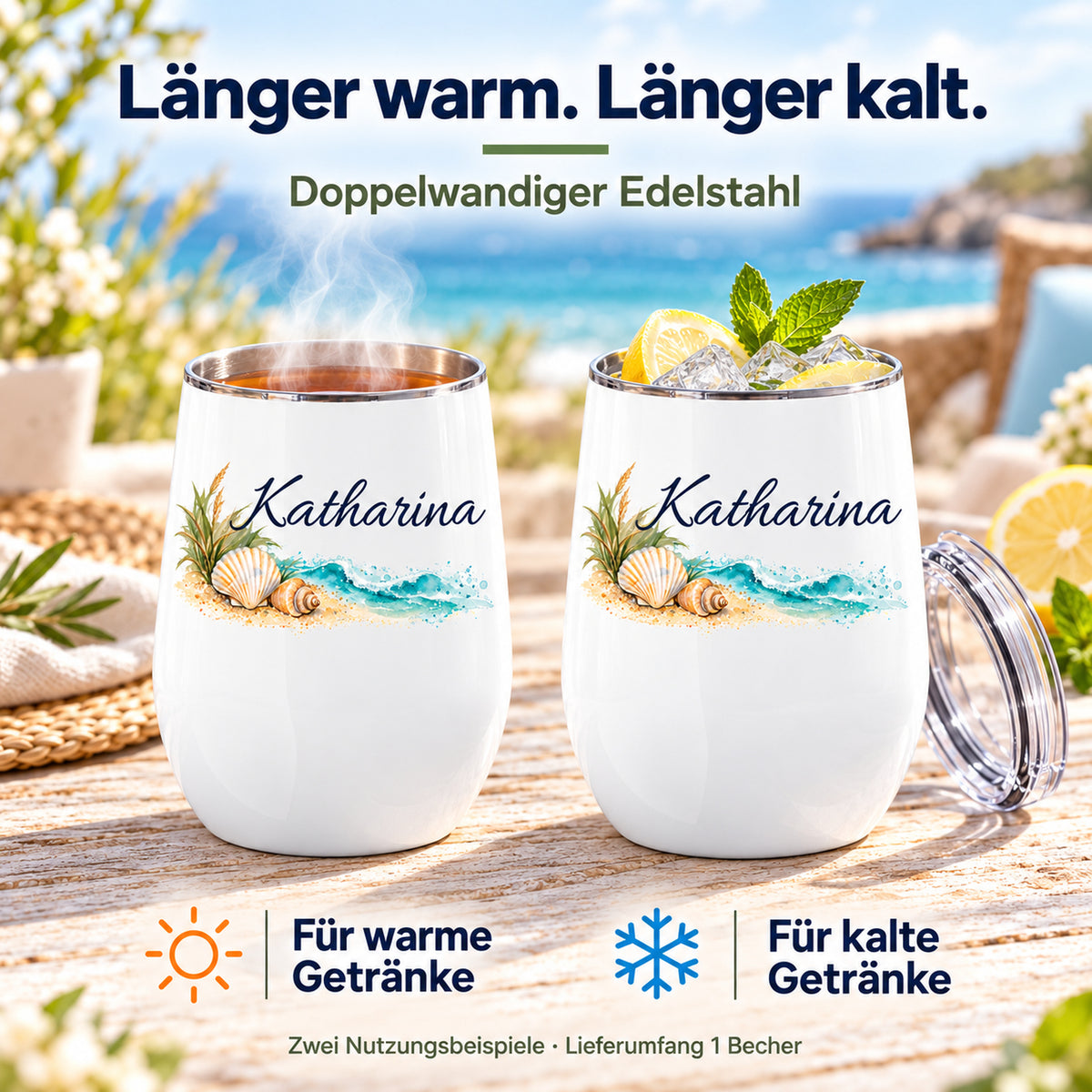Weinbecher mit Muscheln und Wellen in zwei Beispielen mit warmem und kaltem Getränk; Lieferumfang ein Becher