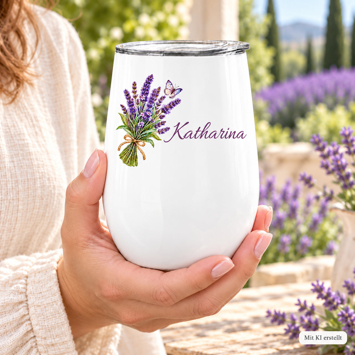 Weinbecher mit Lavendel und Wunschname in einer Hand; Hinweis „Mit KI erstellt“