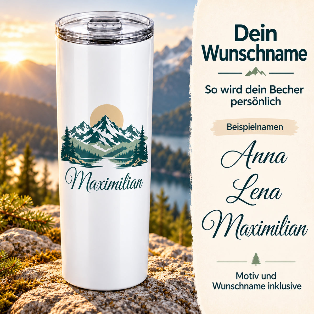 Thermobecher mit Berggipfeln und Sonne und Wunschname neben Beispielen für die Personalisierung.