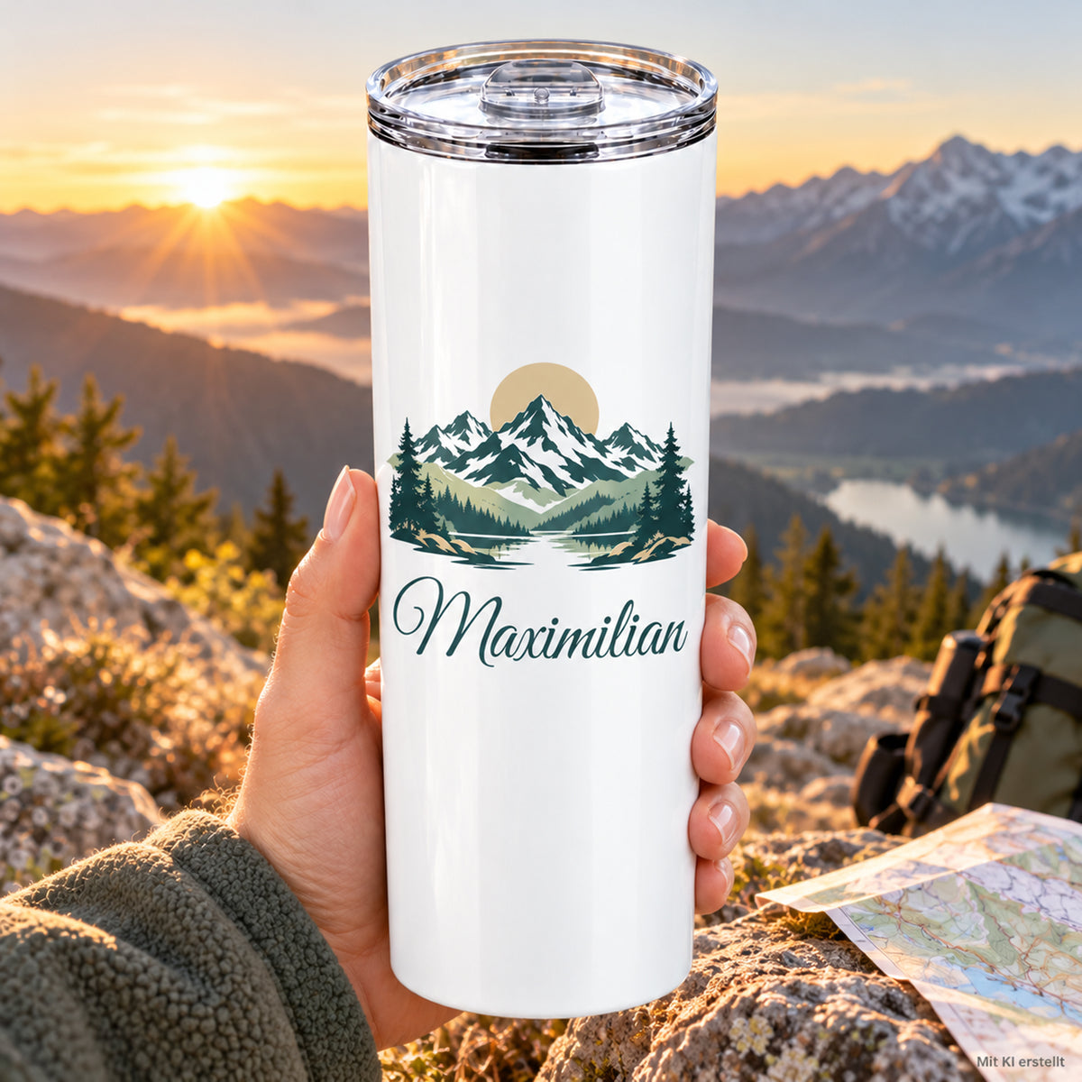 Thermobecher mit Berggipfeln und Sonne und Wunschname in einer Hand vor Bergkulisse.