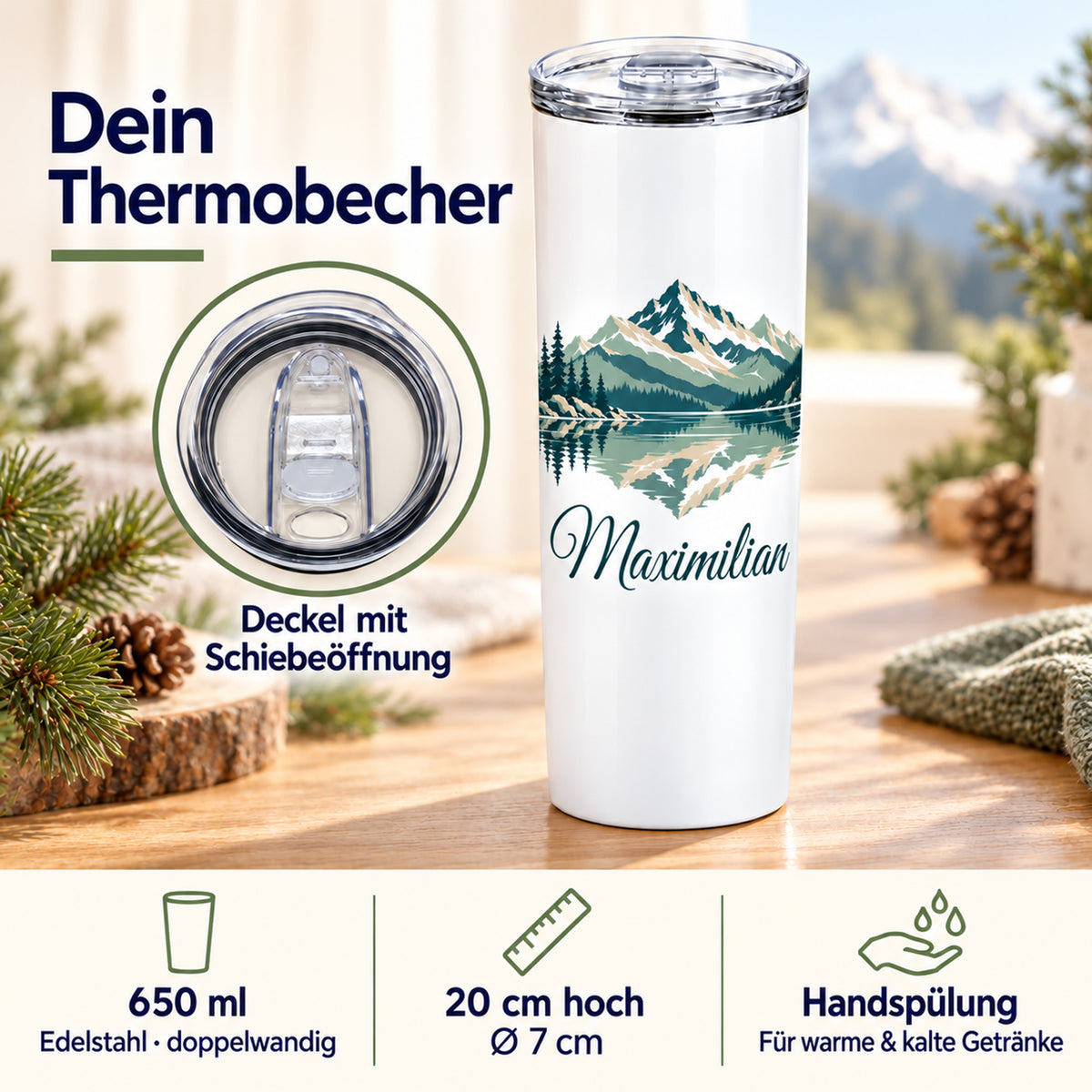 Thermobecher mit Bergsee und Tannen: Deckeldetail, 650 ml, 20 cm Höhe, Ø 7 cm und Handspülung.
