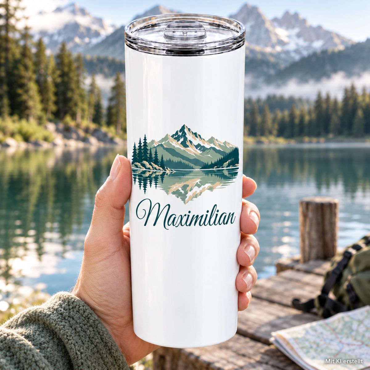 Thermobecher mit Bergsee und Tannen und Wunschname in einer Hand vor Bergkulisse.