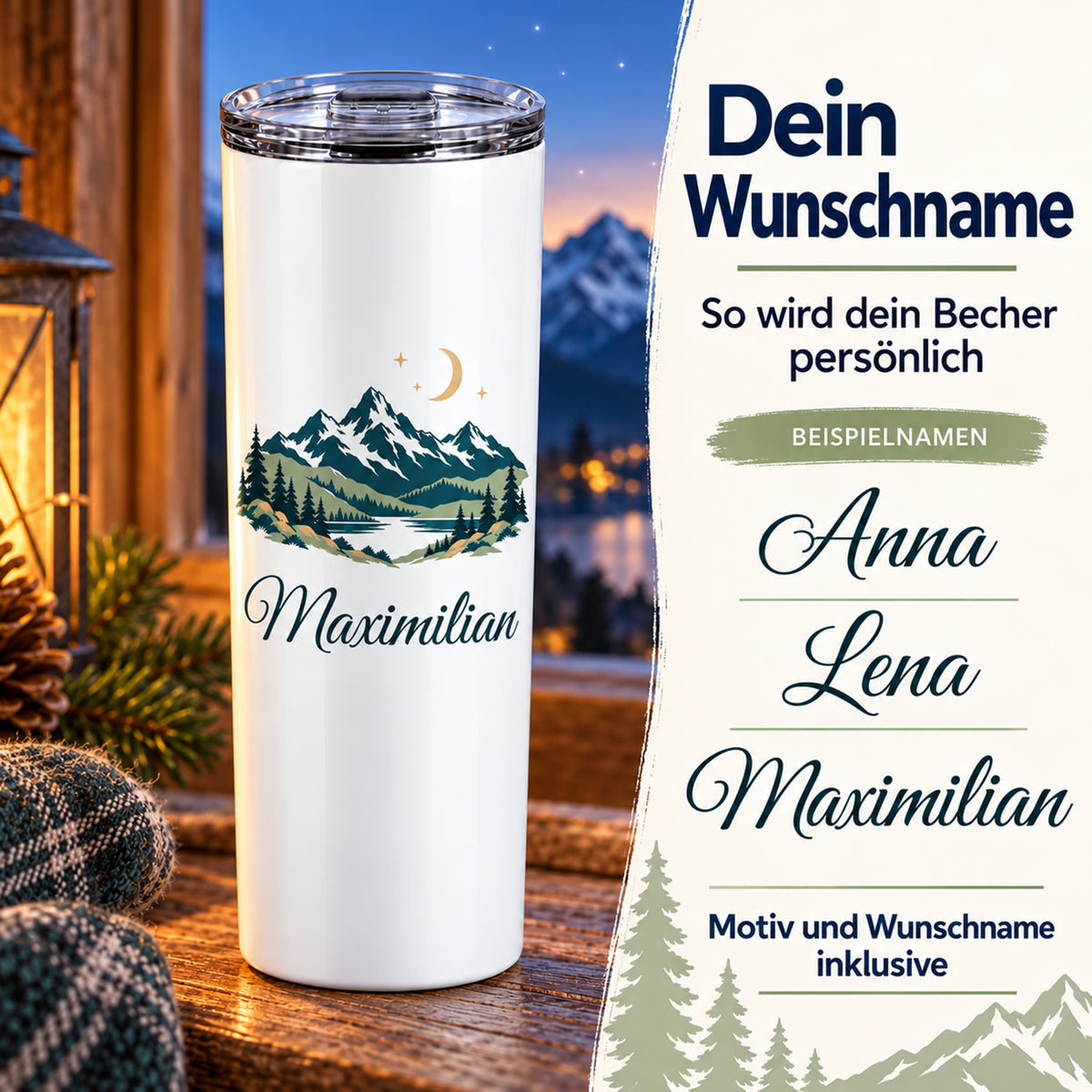 Thermobecher mit Bergen, Mond und Sternen und Wunschname neben Beispielen für die Personalisierung.
