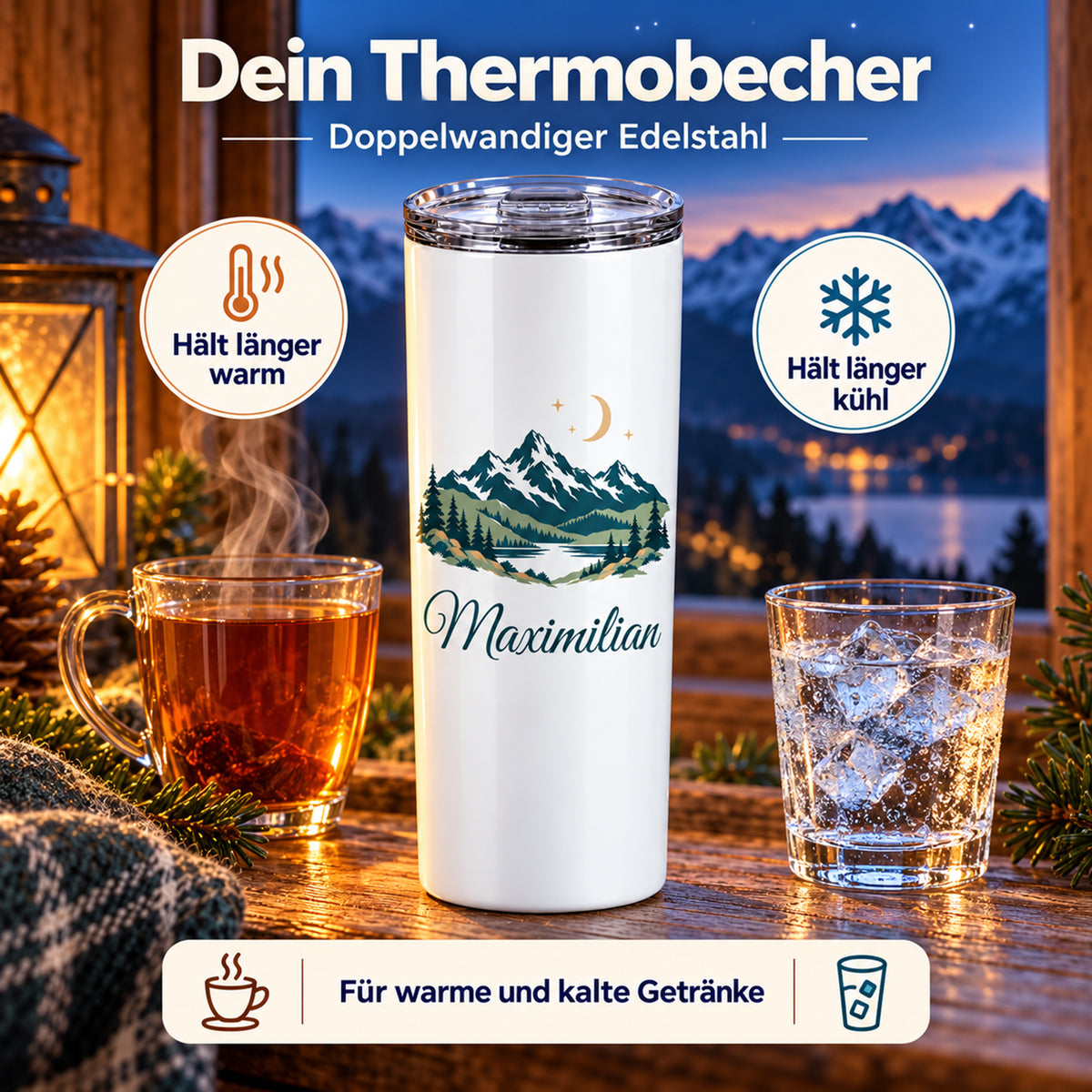 Thermobecher mit Bergen, Mond und Sternen und Wunschname zwischen heißem Tee und Eiswasser, mit Warm- und Kalt-Symbolen.