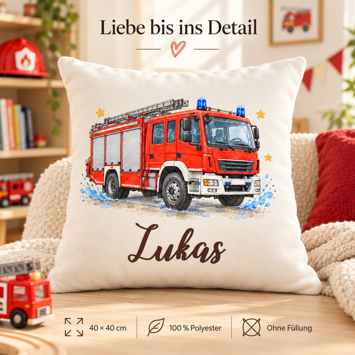 Feuerwehr-Kissen mit Lukas und Produktdetails: 40 × 40 cm, 100 % Polyester und Lieferung ohne Füllung.