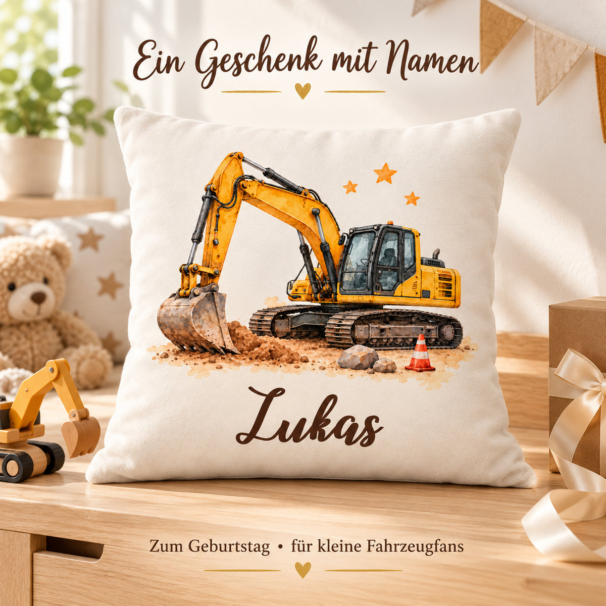 Bagger-Kissen mit Lukas neben einem verpackten Geschenk als persönliche Geschenkidee.