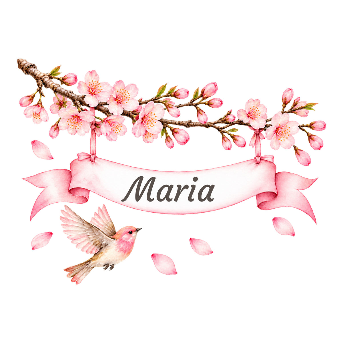 Aquarell-Wandtattoo mit Kirschblüten, Vogel und weißem Namensband mit rosa Schleifenenden auf weißem Hintergrund.