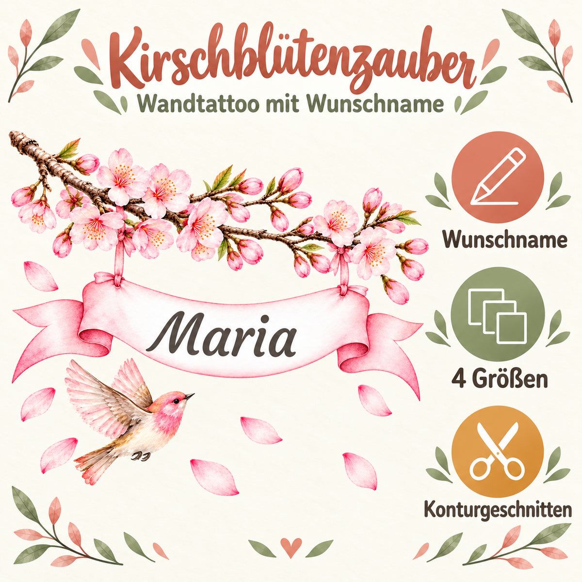 Kirschblüten-Wandtattoo mit Namensband und Hinweisen zu Wunschname, vier Größen und Konturschnitt.