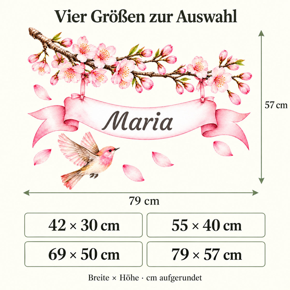 Größenübersicht des Kirschblüten-Wandtattoos mit Vogel und Namensband: vier Größen mit Gesamtmaßen und Maßpfeilen.