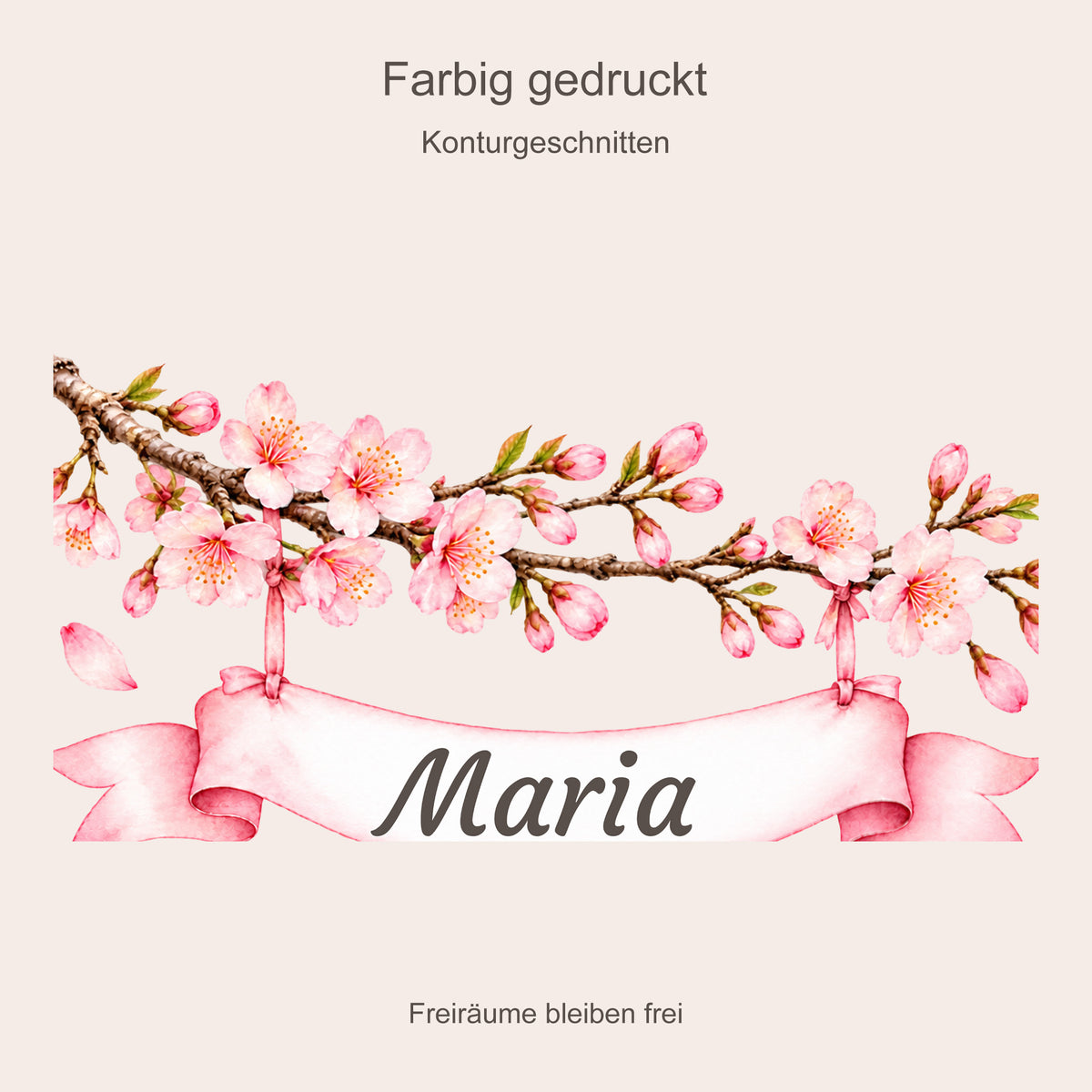Detail des farbig gedruckten Kirschblüten-Wandtattoos mit weißem Namensband und Hinweis auf freie Zwischenräume.