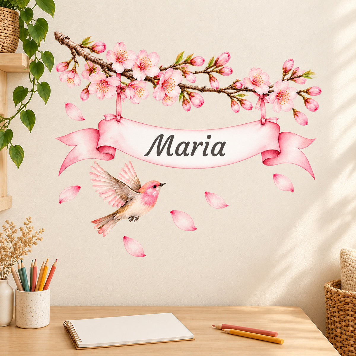 Kirschblüten-Wandtattoo mit Vogel und Wunschname als Wanddekoration über einem Schreibtisch im Kinderzimmer.