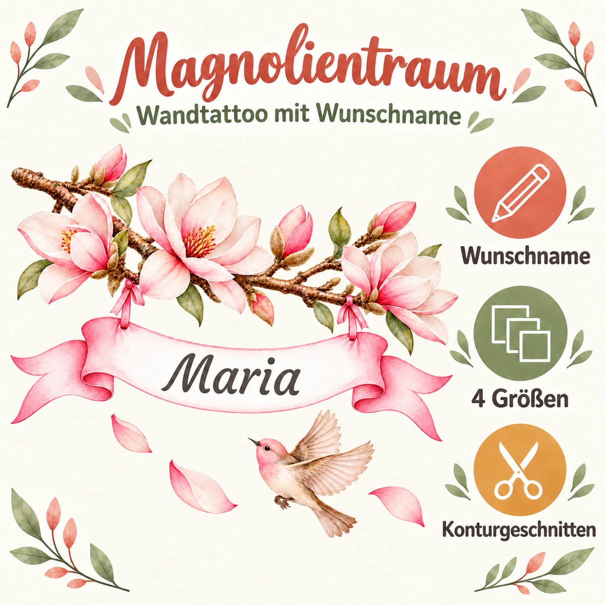 Magnolien-Wandtattoo mit Namensband und Hinweisen zu Wunschname, vier Größen und Konturschnitt.