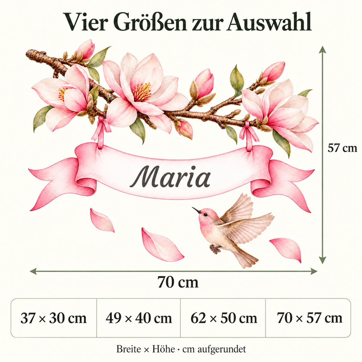 Größenübersicht des Magnolien-Wandtattoos mit Vogel und Namensband: vier Größen mit Gesamtmaßen und Maßpfeilen.