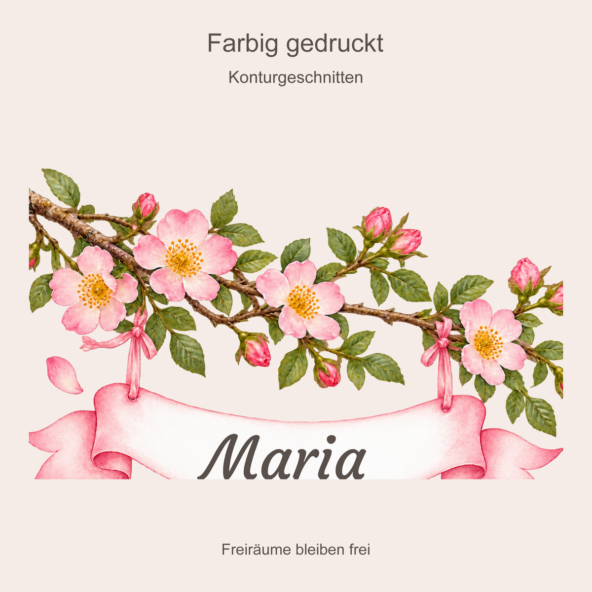 Detail des farbig gedruckten Wildrosen-Wandtattoos mit weißem Namensband und Hinweis auf freie Zwischenräume.