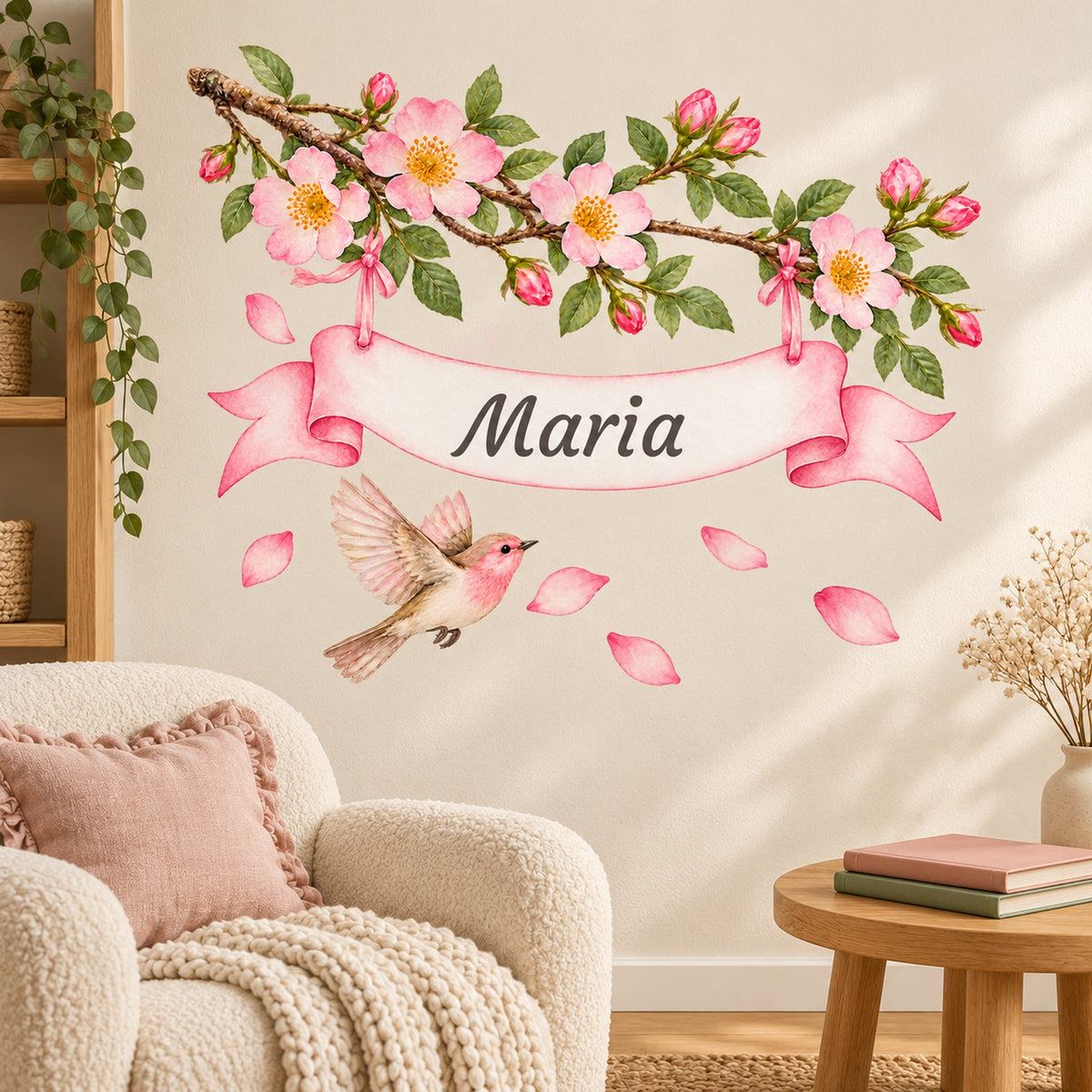 Personalisiertes Wildrosen-Wandtattoo mit Vogel und rosa Namensband-Enden über einer gemütlichen Leseecke.