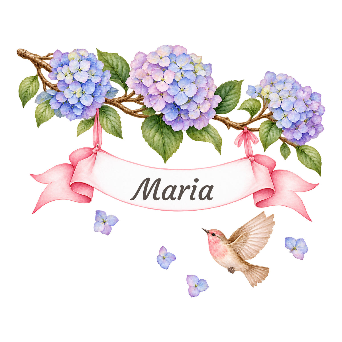 Aquarell-Wandtattoo mit Hortensien, Vogel und weißem Namensband mit rosa Schleifenenden auf weißem Hintergrund.