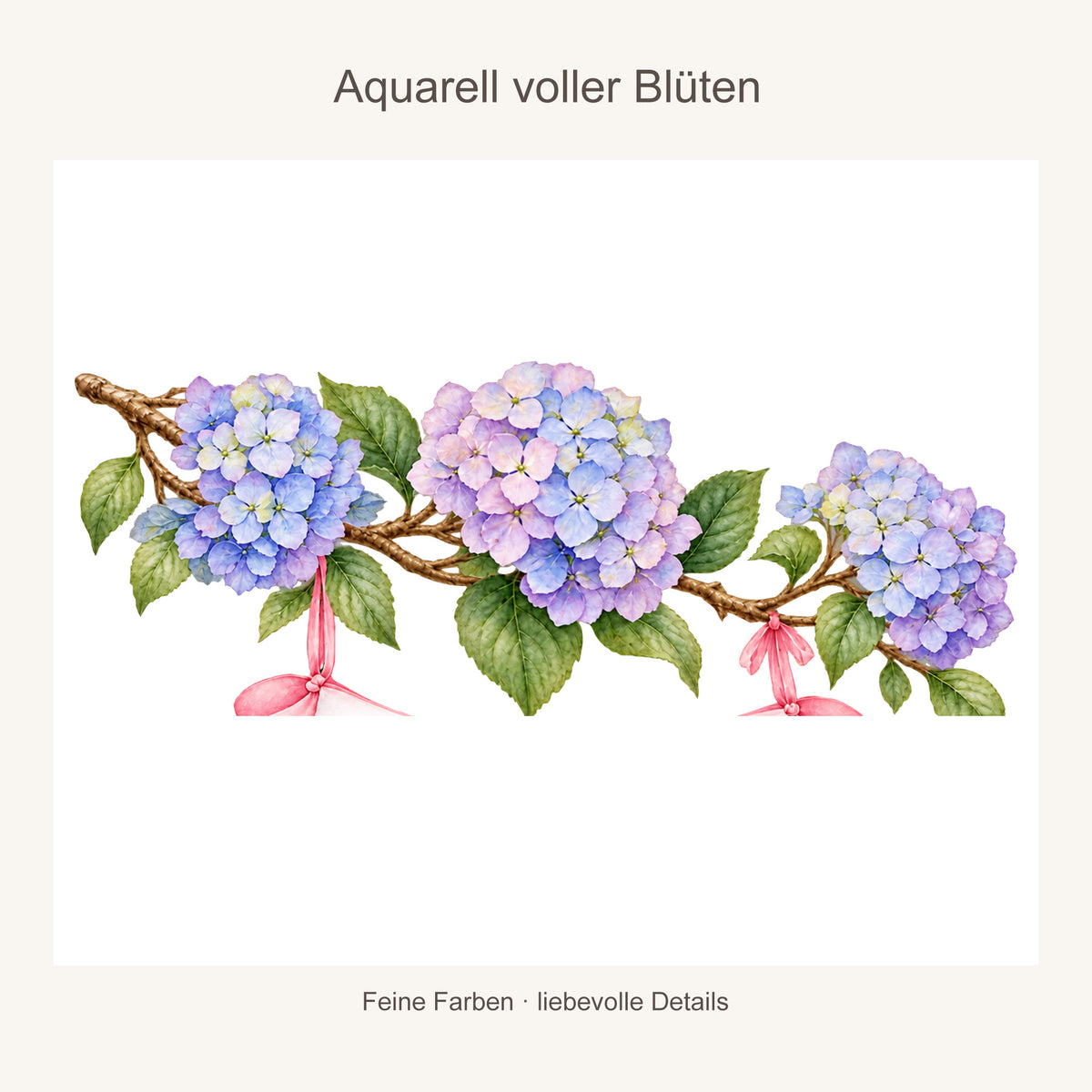 Vergrößerter Aquarell-Blütenzweig mit Hortensien und feinen Blütendetails auf hellem Hintergrund.