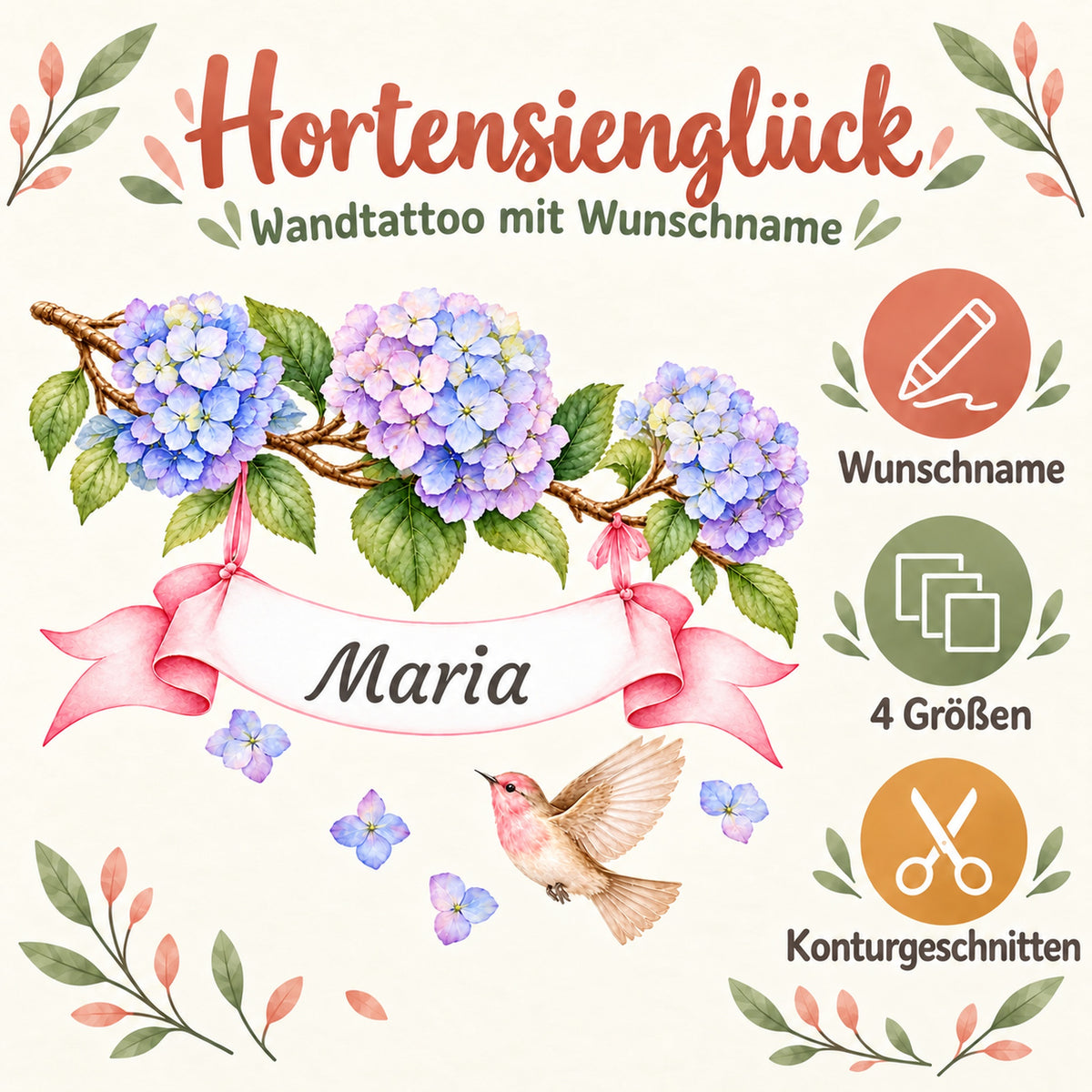 Hortensien-Wandtattoo mit Namensband und Hinweisen zu Wunschname, vier Größen und Konturschnitt.