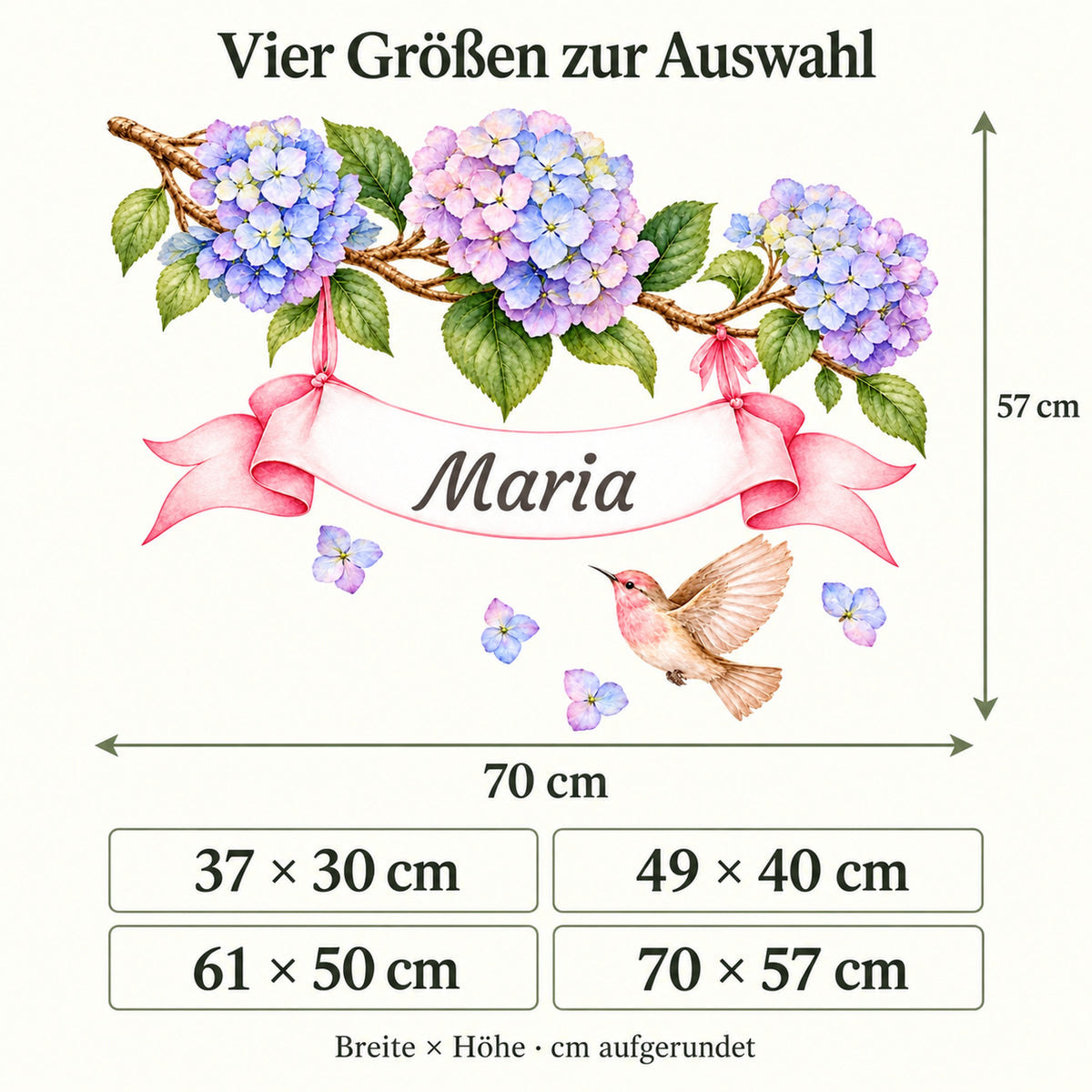 Größenübersicht des Hortensien-Wandtattoos mit Vogel und Namensband: vier Größen mit Gesamtmaßen und Maßpfeilen.