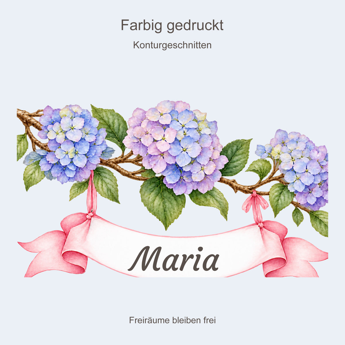 Detail des farbig gedruckten Hortensien-Wandtattoos mit weißem Namensband und Hinweis auf freie Zwischenräume.
