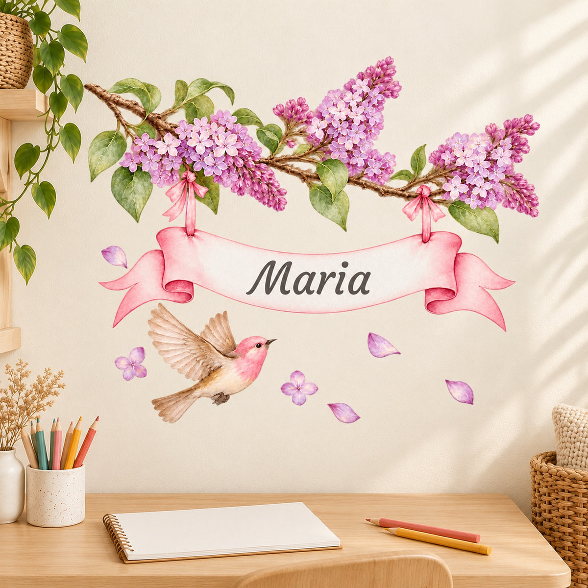 Flieder-Wandtattoo mit Vogel und Wunschname als Wanddekoration über einem Schreibtisch im Kinderzimmer.