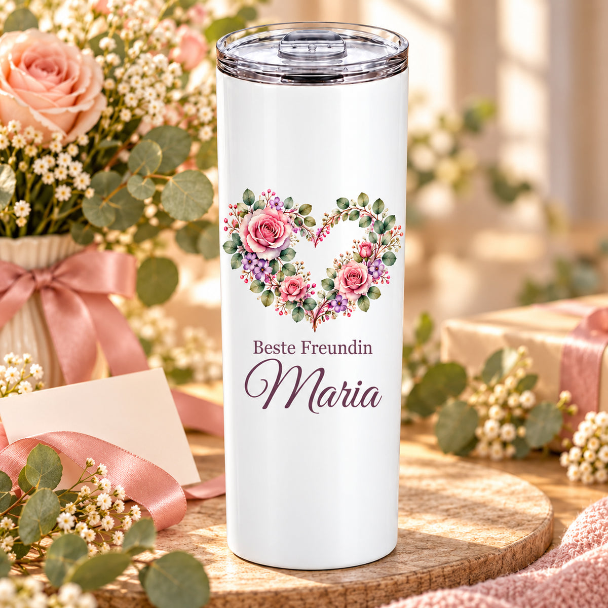 Weißer Thermobecher mit Motiv Blumenherz, Schriftzug Beste Freundin und Wunschname auf einem dekorierten Geschenktisch.