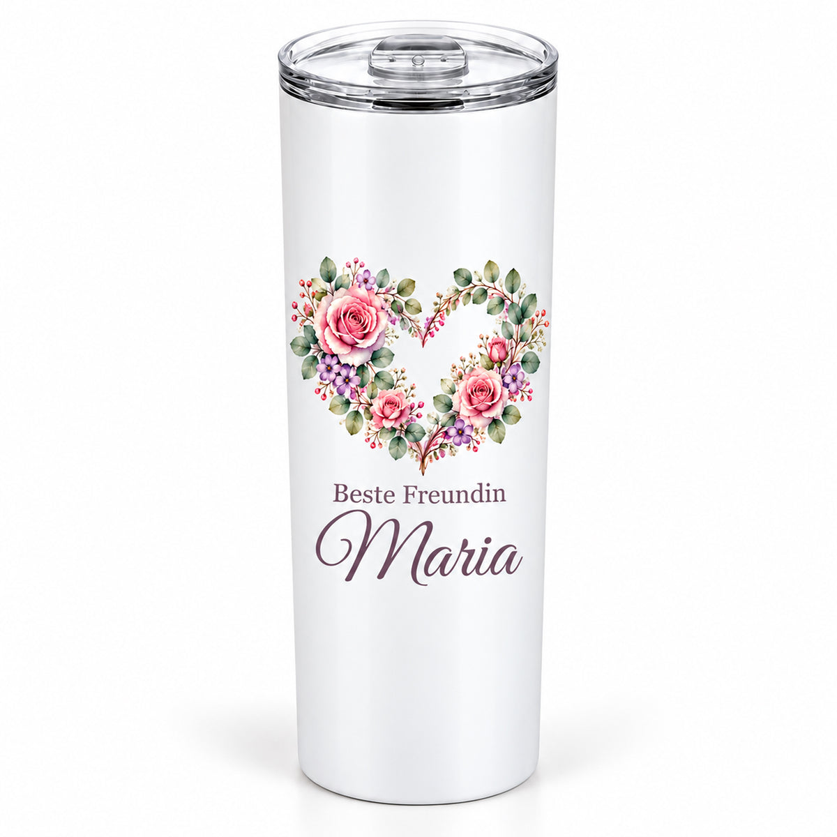 Weißer Thermobecher mit Motiv Blumenherz, Schriftzug Beste Freundin und Wunschname freigestellt auf weißem Hintergrund.