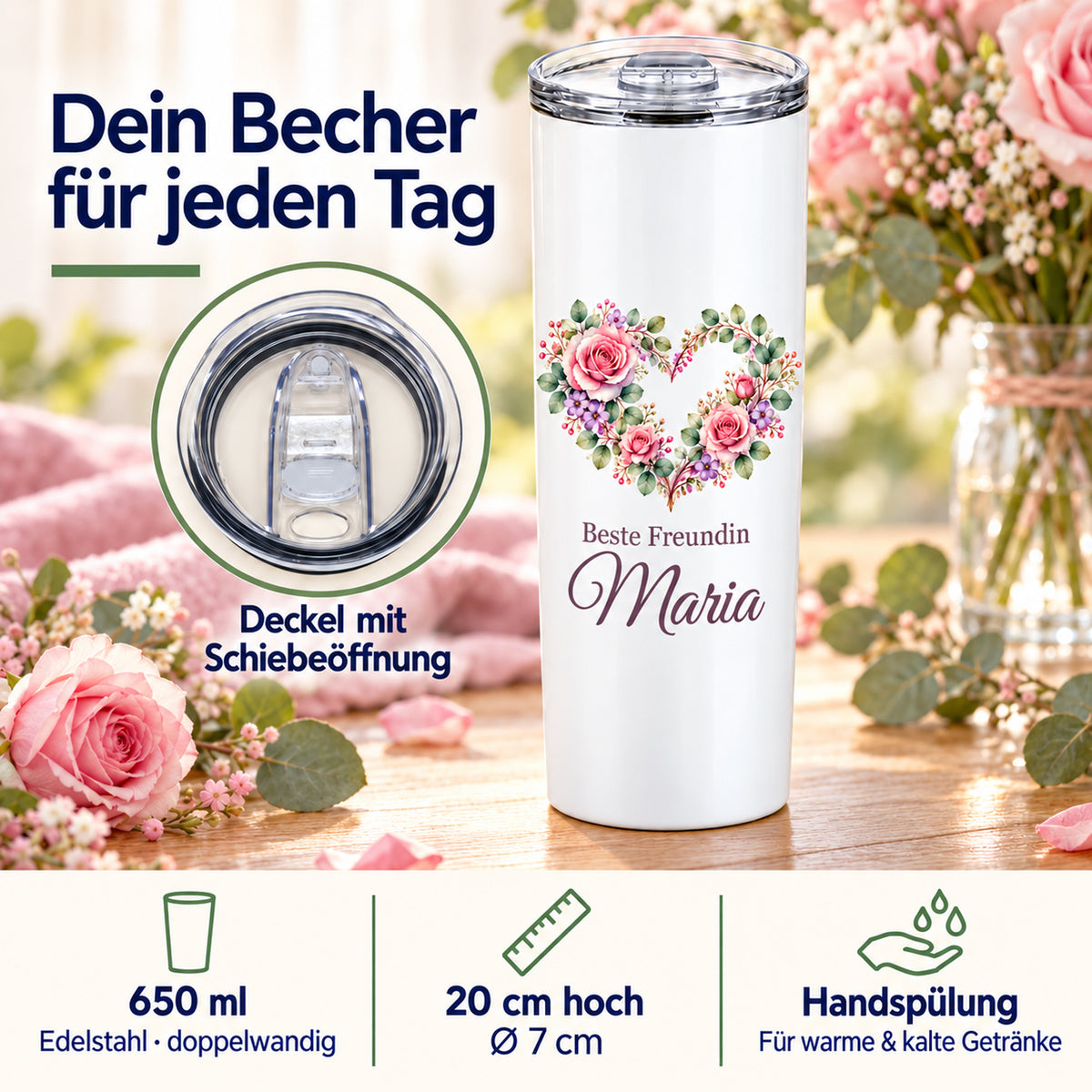 Weißer Thermobecher mit Motiv Blumenherz, Schriftzug Beste Freundin und Wunschname mit Angaben zu 650 ml, Maßen, Deckel und Handspülung.
