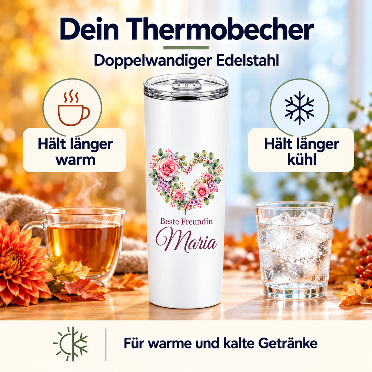 Weißer Thermobecher mit Motiv Blumenherz, Schriftzug Beste Freundin und Wunschname mit Darstellung der Warm- und Kalthaltefunktion.