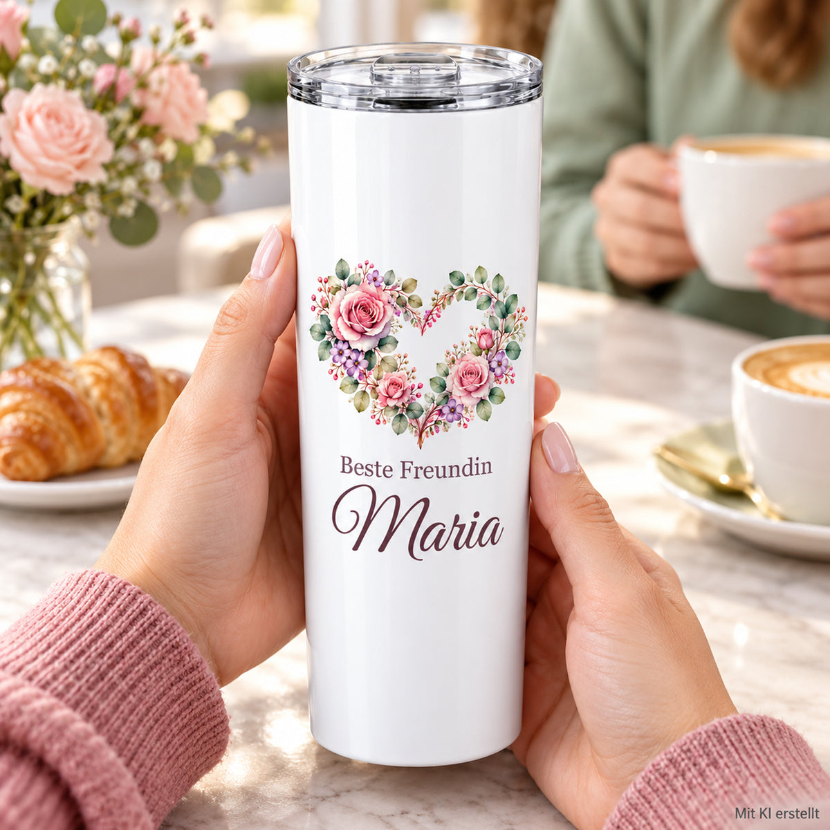 Weißer Thermobecher mit Motiv Blumenherz, Schriftzug Beste Freundin und Wunschname in Händen bei einer Kaffeepause; Kennzeichnung Mit KI erstellt.