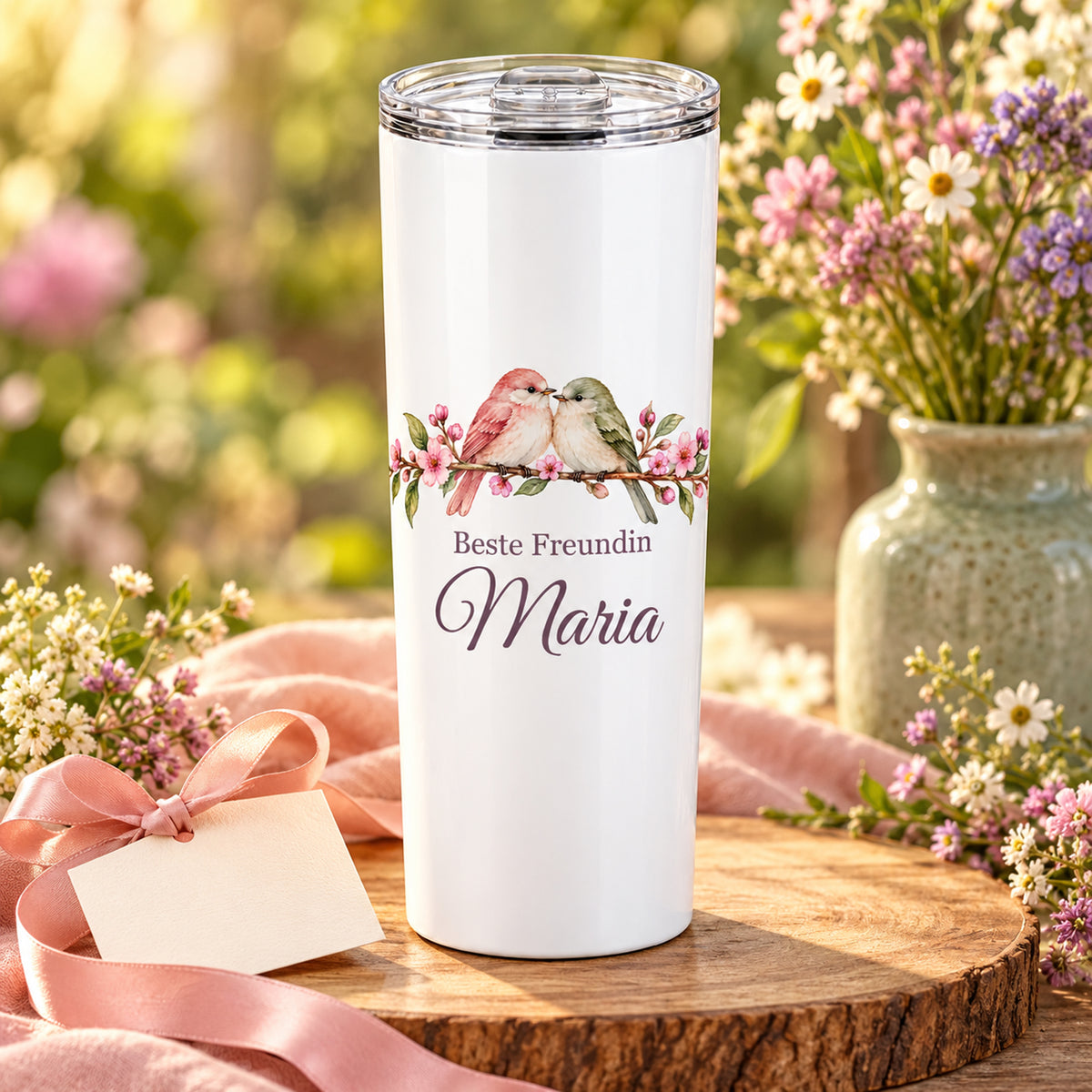 Weißer Thermobecher mit Motiv Freundschaftsvögel, Schriftzug Beste Freundin und Wunschname auf einem dekorierten Geschenktisch.