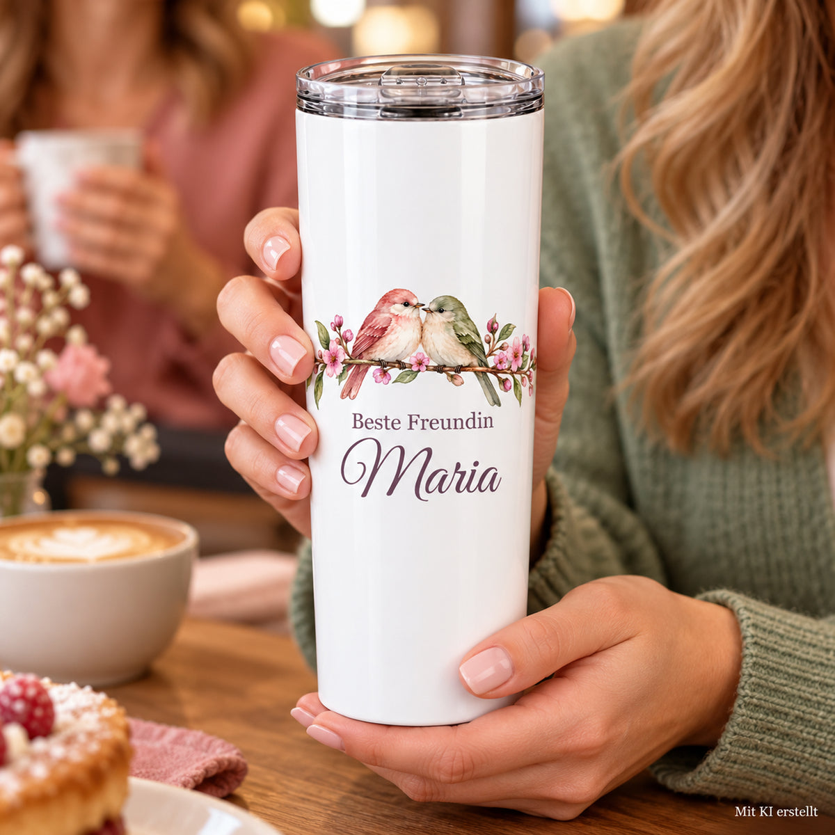 Weißer Thermobecher mit Motiv Freundschaftsvögel, Schriftzug Beste Freundin und Wunschname in Händen bei einer Kaffeepause; Kennzeichnung Mit KI erstellt.