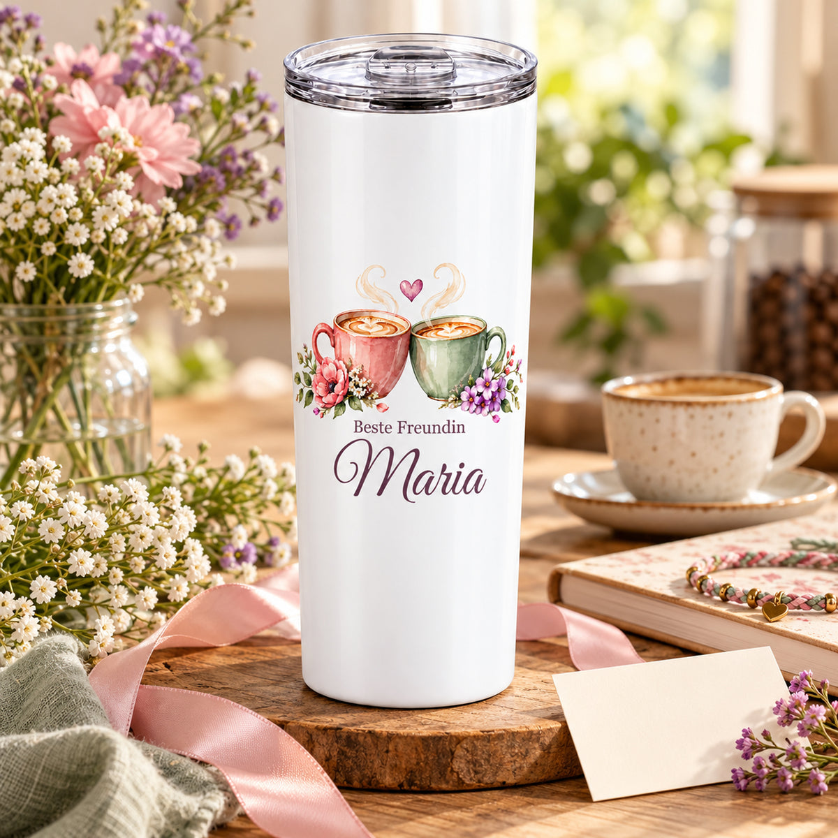 Weißer Thermobecher mit Motiv Kaffeeglück, Schriftzug Beste Freundin und Wunschname auf einem dekorierten Geschenktisch.